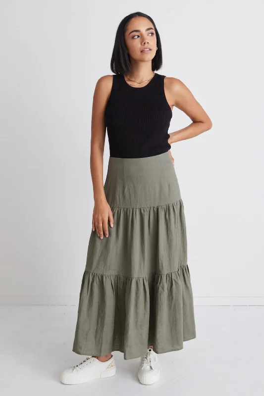 women's adventure-ready evening skirts Blazing Moss Tiered Linen Midi Skirt