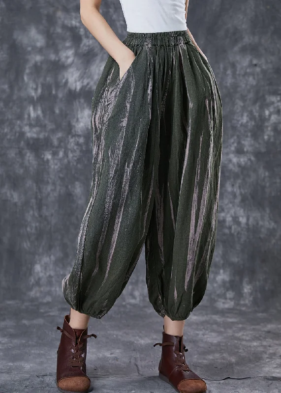 women's low-slung pants Blackish Green Print Linen Harem Pants Oversized Spring