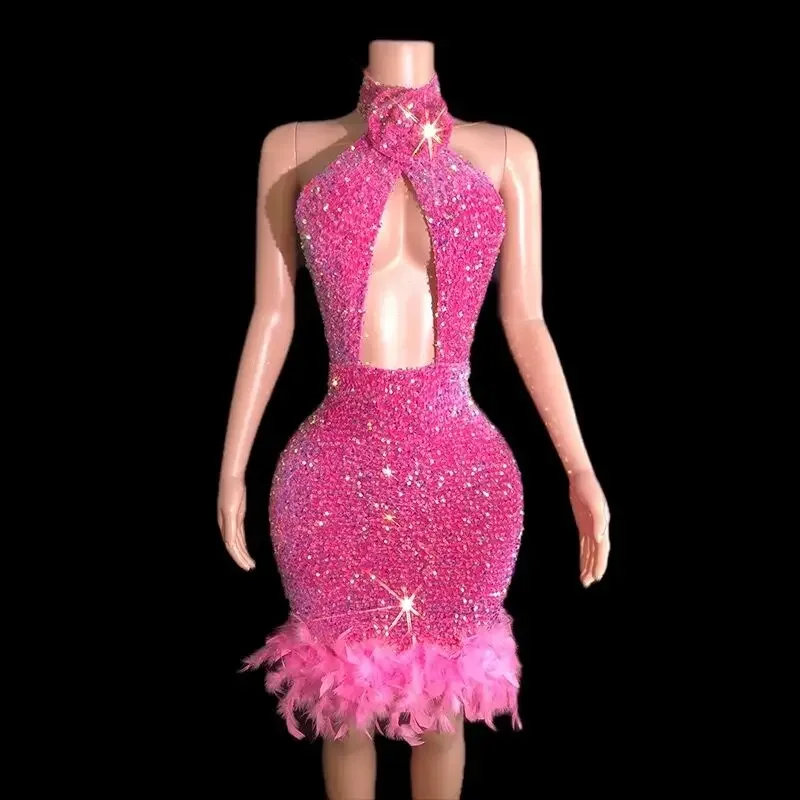 Elegant Dress Shinning Sequins Feathers Pink Sexy Backless Halter Sheath Dress Evening Party Performance Costume Nightclub Singer Dancer Stage