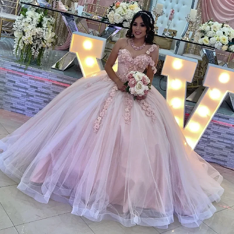 Sleeveless Dress Vestido De 15 Quinceañeras 2024 Pink Ball Gown Quinceanera Dresses One Shoulder 3D Floral Sweet 16 Dress Custom Made Party Gown