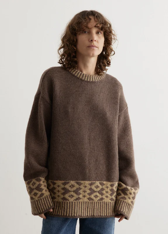 Flannel Knitted Crewneck Sweaters Jacquard Knit Sweater